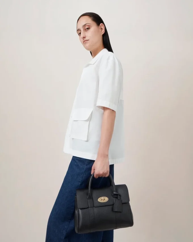 Bayswater Satchel in Black Small Classic Grain Mulberry