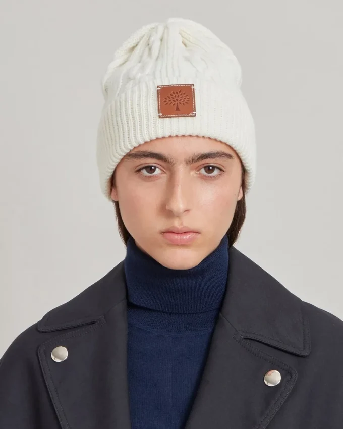 Cable Knit Beanie Ecru Lambswool Women