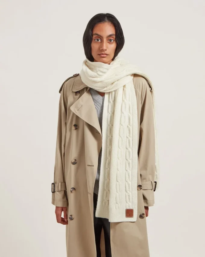 Cable Knit Scarf Ecru Lambswool Women