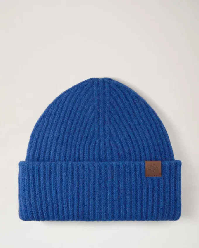 Chunky Ribbed Beanie Cobalt Blue Lambswool Men