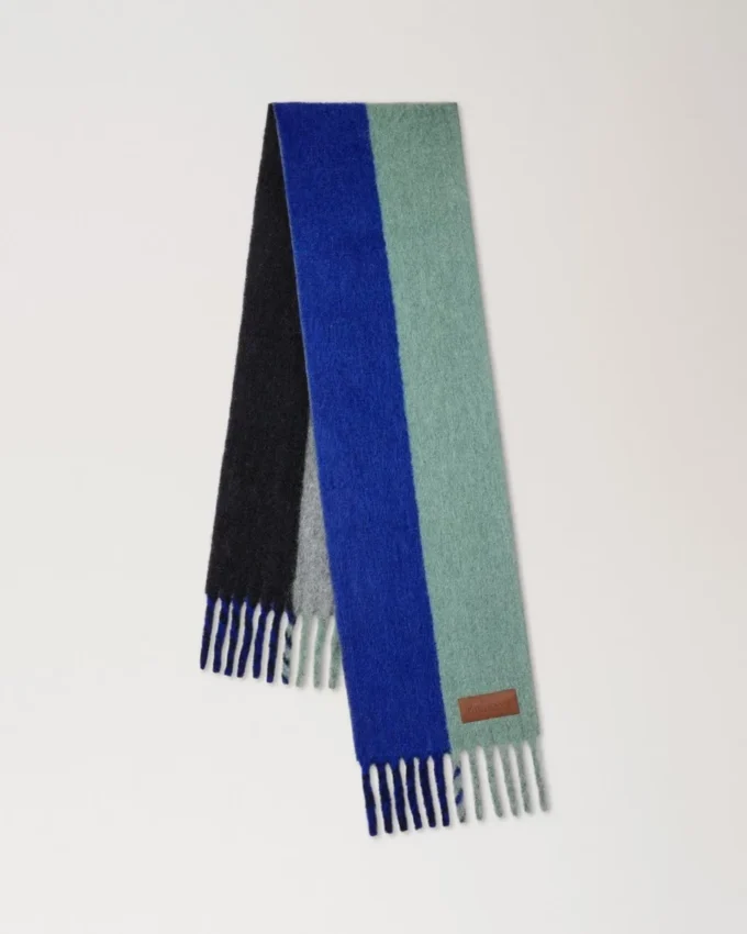 Colour Block Textured Scarf Ebony & Cobalt Blue Wool Blend