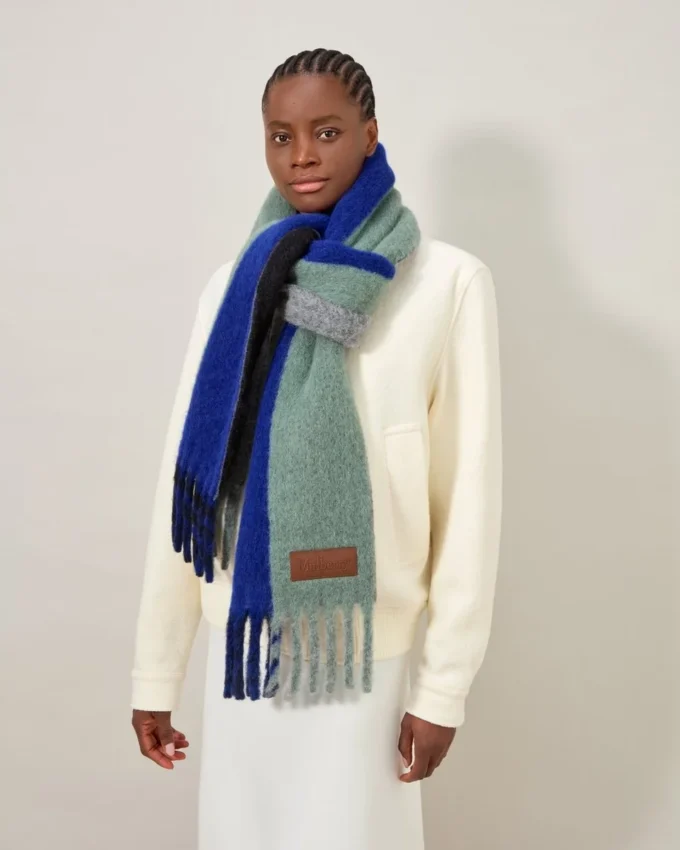 Colour Block Textured Scarf Ebony & Cobalt Blue Wool Blend