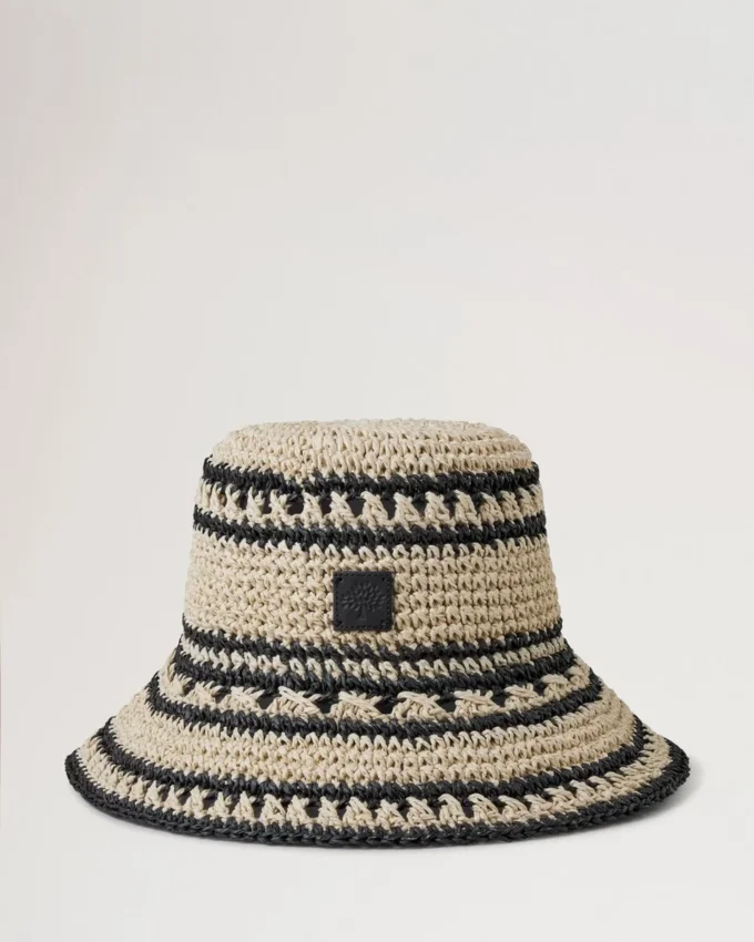 Crochet Bucket Hat Beige & Black Paper Raffia Men