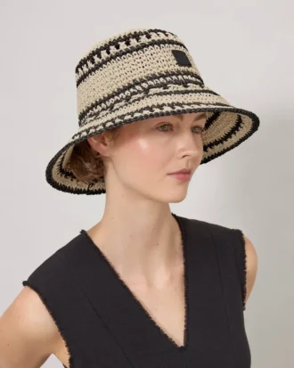 Crochet Bucket Hat Beige & Black Paper Raffia Men