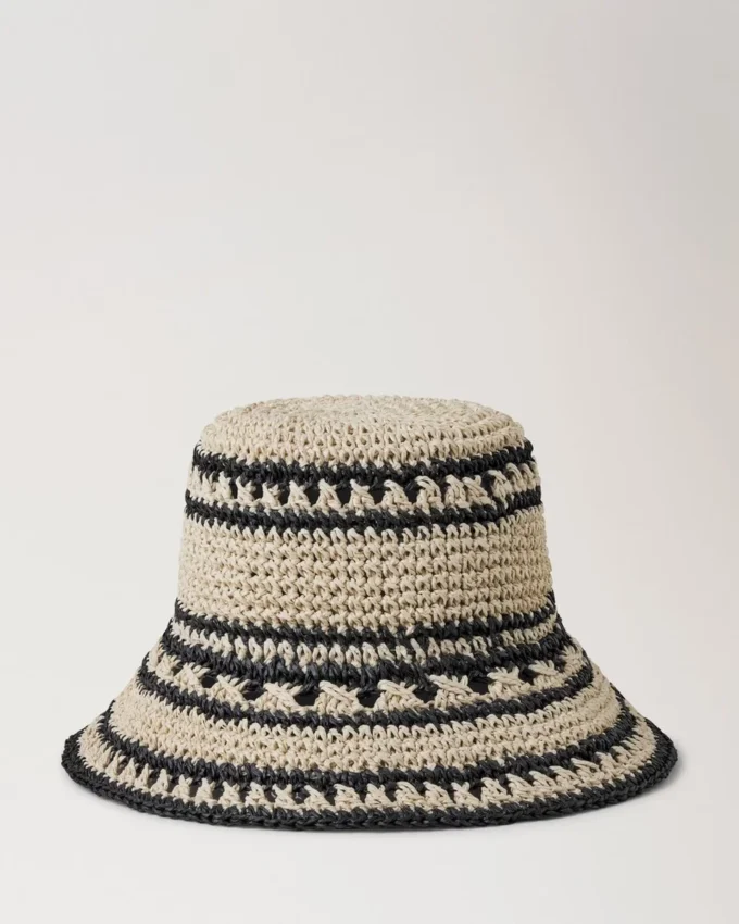 Crochet Bucket Hat Beige & Black Paper Raffia Men