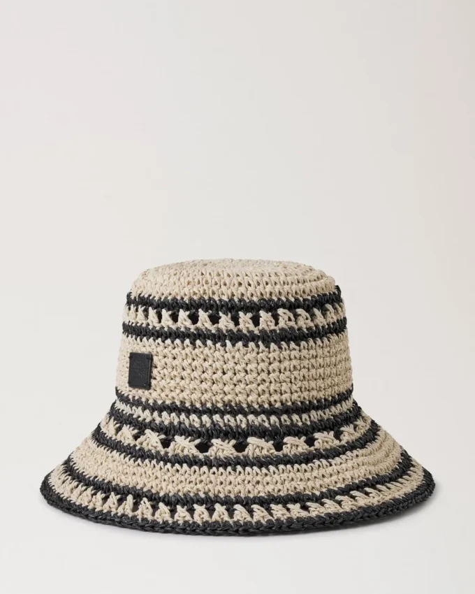 Crochet Bucket Hat Beige & Black Paper Raffia Men