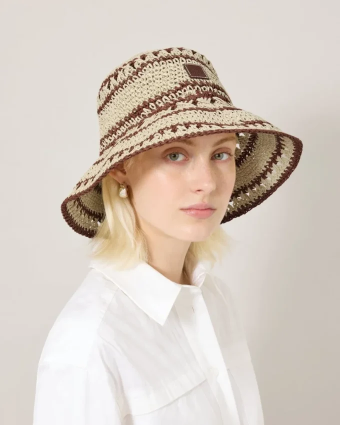 Crochet Bucket Hat Beige & Oak Paper Raffia Men