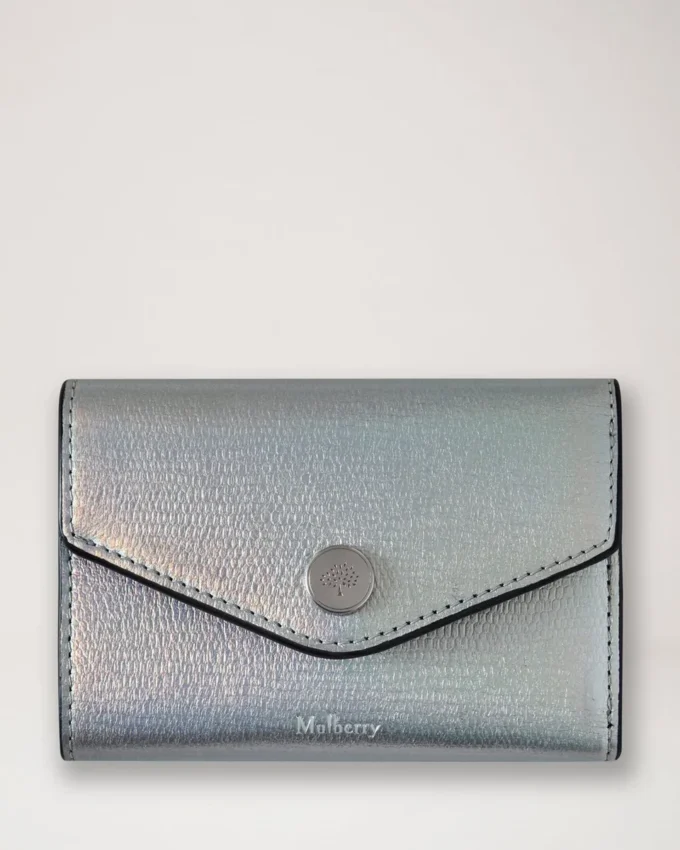 Folded Multi-Card Wallet Silver Iridescent Lizard Embossed Leather
