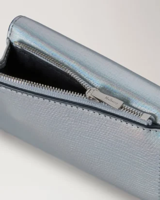 Folded Multi-Card Wallet Silver Iridescent Lizard Embossed Leather