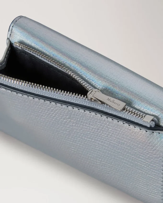 Folded Multi-Card Wallet Silver Iridescent Lizard Embossed Leather