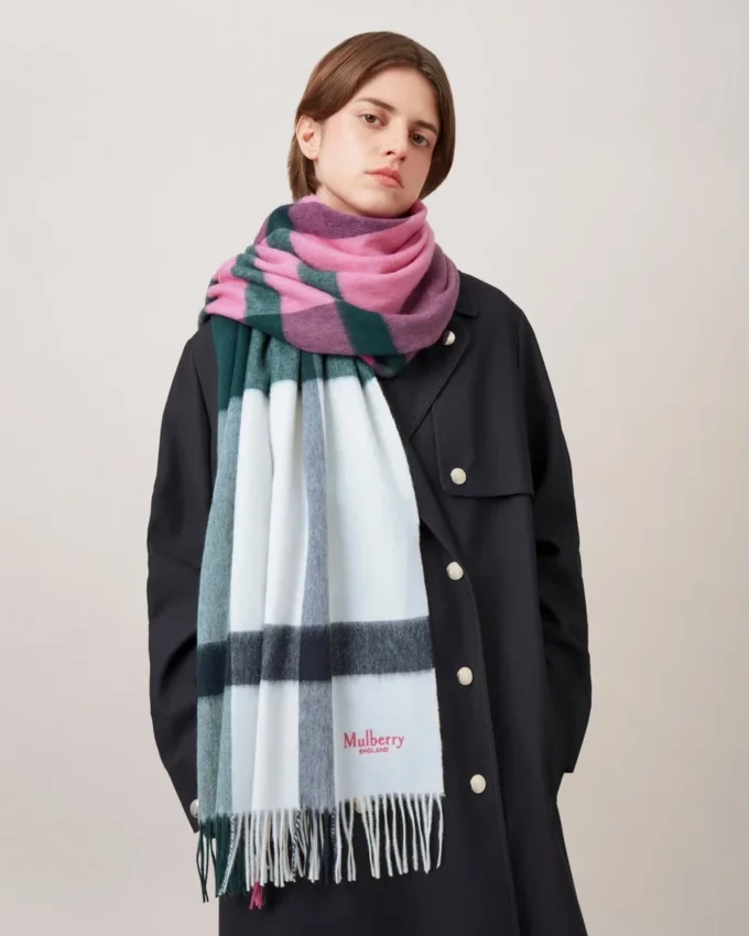 Large Check Merino Wool Scarf Cream Merino Wool