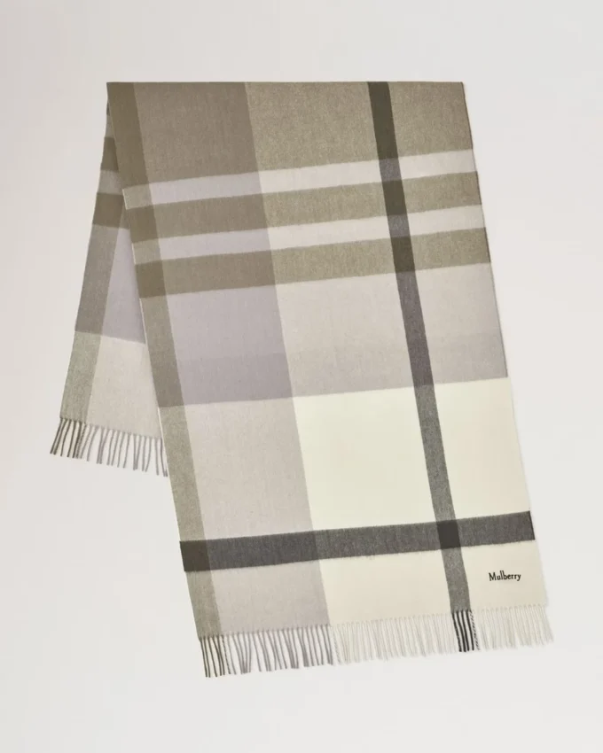 Large Check Merino Wool Scarf Eggshell & Olive Merino Wool