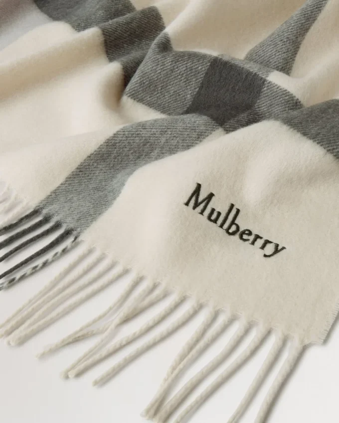 Large Check Merino Wool Scarf Eggshell & Olive Merino Wool