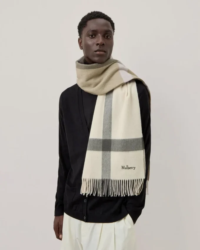 Large Check Merino Wool Scarf Eggshell & Olive Merino Wool