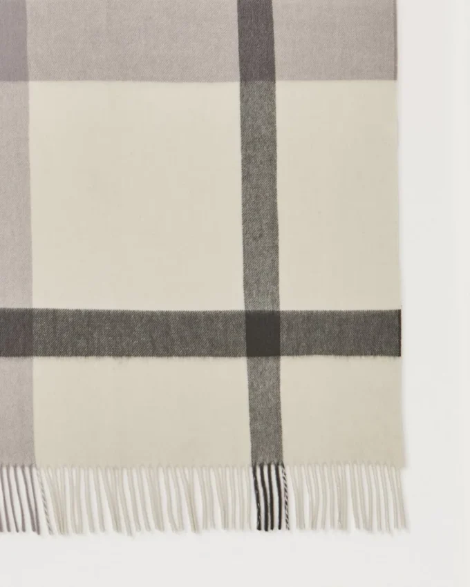 Large Check Merino Wool Scarf Eggshell & Olive Merino Wool