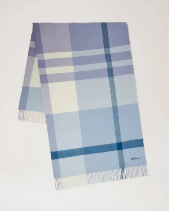 Large Check Merino Wool Scarf Poplin Blue & White Merino Wool