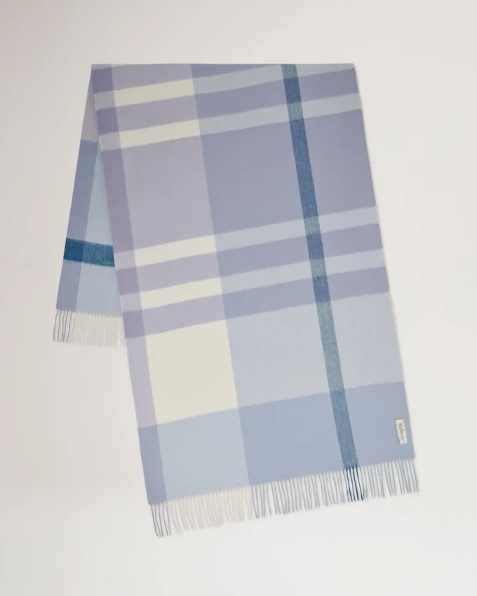 Large Check Merino Wool Scarf Poplin Blue & White Merino Wool