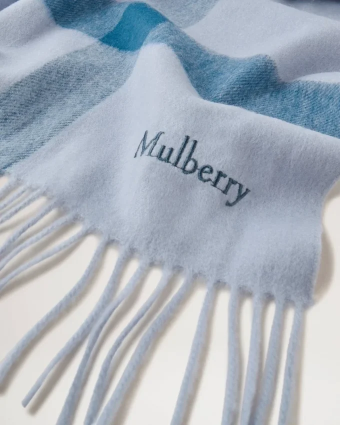 Large Check Merino Wool Scarf Poplin Blue & White Merino Wool