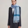 Large Check Merino Wool Scarf Poplin Blue & White Merino Wool