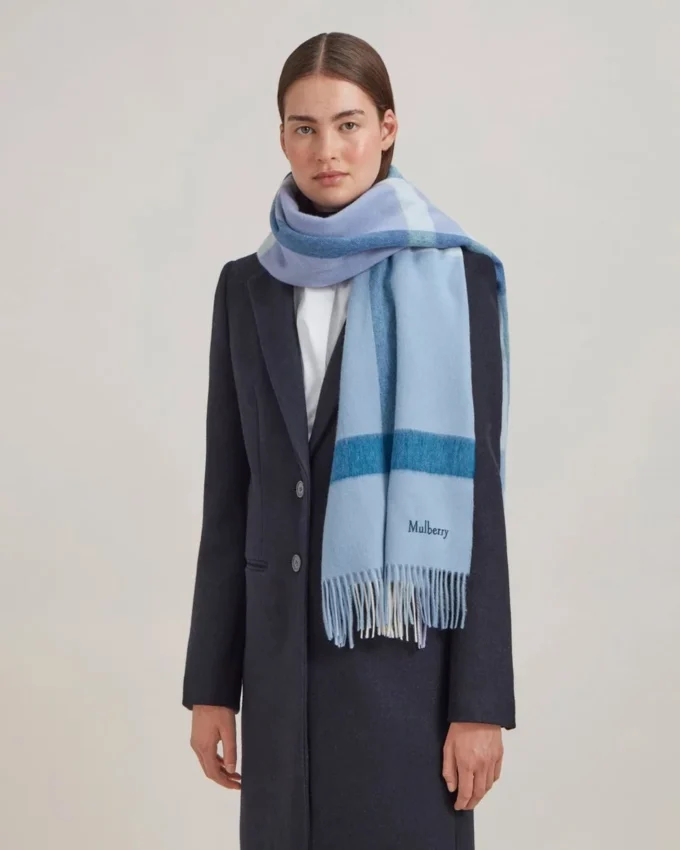 Large Check Merino Wool Scarf Poplin Blue & White Merino Wool