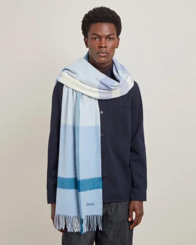 Large Check Merino Wool Scarf Poplin Blue & White Merino Wool