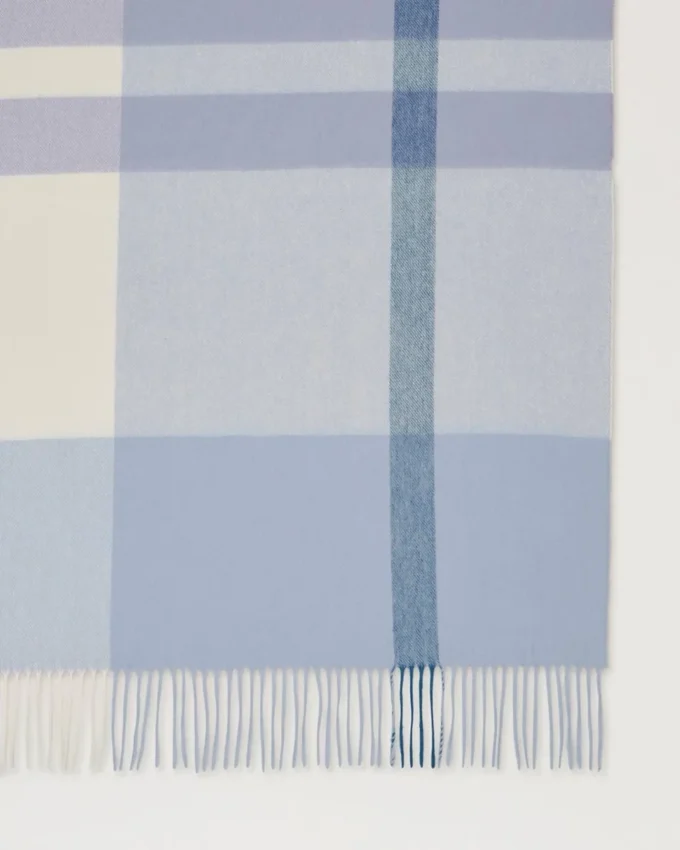Large Check Merino Wool Scarf Poplin Blue & White Merino Wool