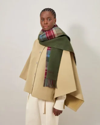Large Reversible Heritage Check Scarf Moss & Sky Blue Merino Wool