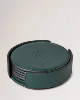Leather Coaster Set Mulberry Green Calf Leather