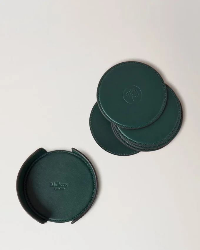 Leather Coaster Set Mulberry Green Calf Leather
