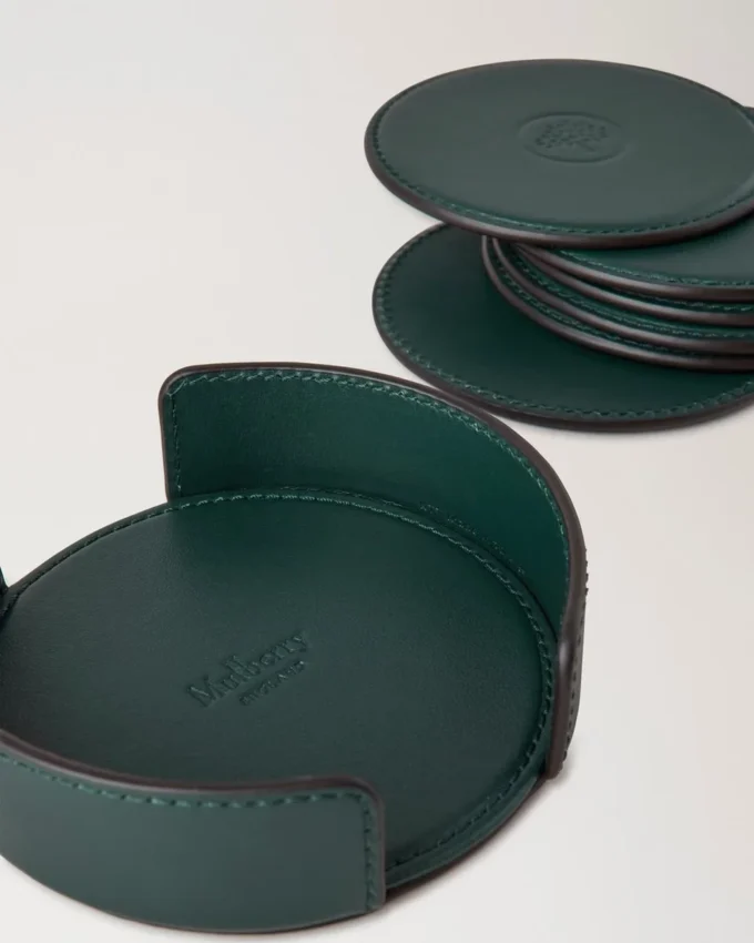 Leather Coaster Set Mulberry Green Calf Leather