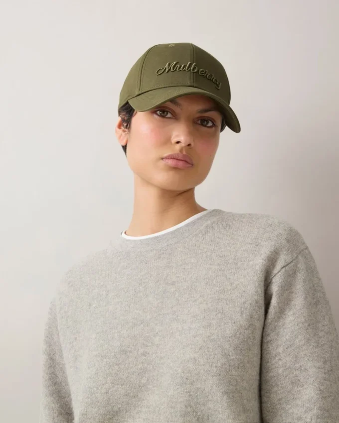 Logo Embroidered Baseball Cap Linen Green Cotton