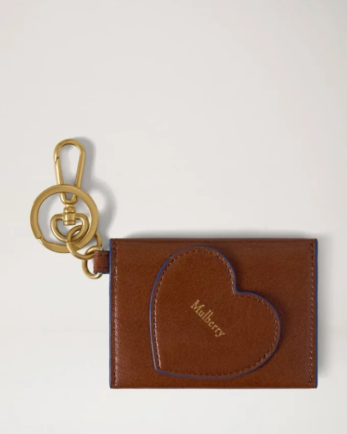 Love Letter Card Slip Keyring Oak & Pigment Blue Smooth Glossy Leather