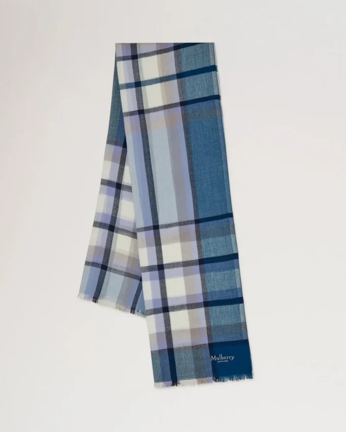 Mega Check Scarf Poplin Blue & Ecru Cashmere Blend Mega Check Scarf Poplin Blue & Ecru Cashmere Blend