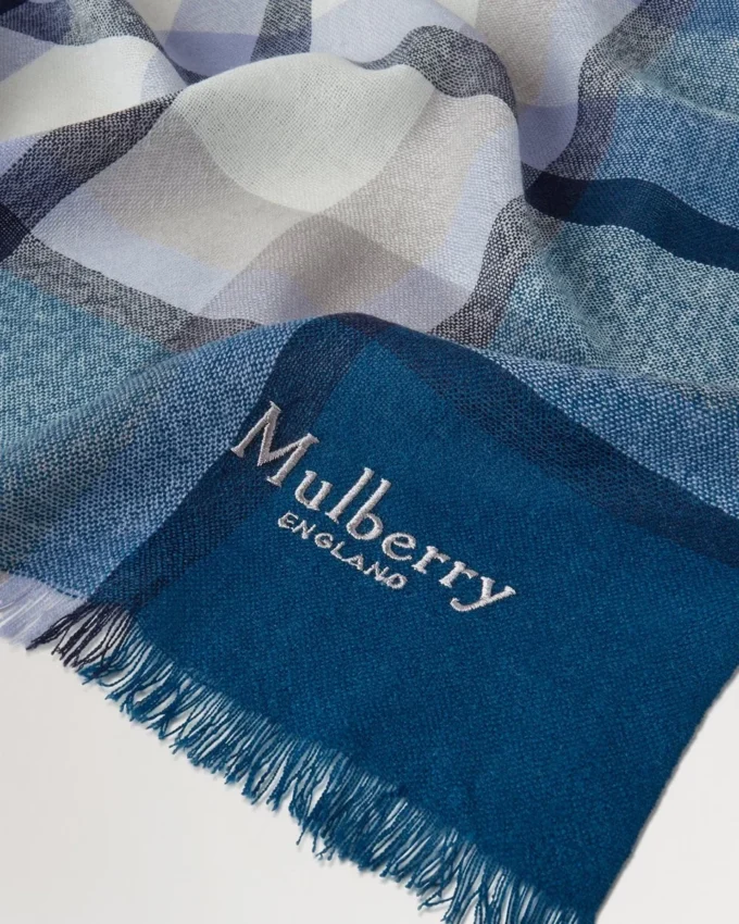 Mega Check Scarf Poplin Blue & Ecru Cashmere Blend Mega Check Scarf Poplin Blue & Ecru Cashmere Blend
