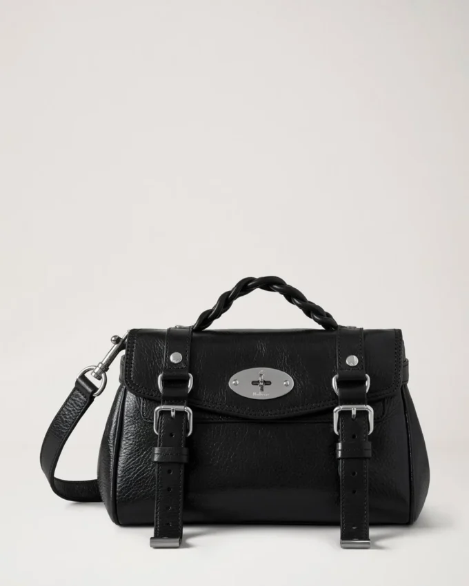 Mini Alexa Black High Shine Leather Top Handle Bags