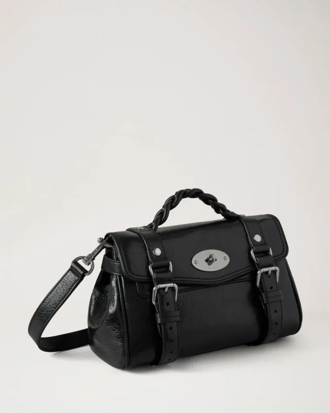 Mini Alexa Black High Shine Leather Top Handle Bags