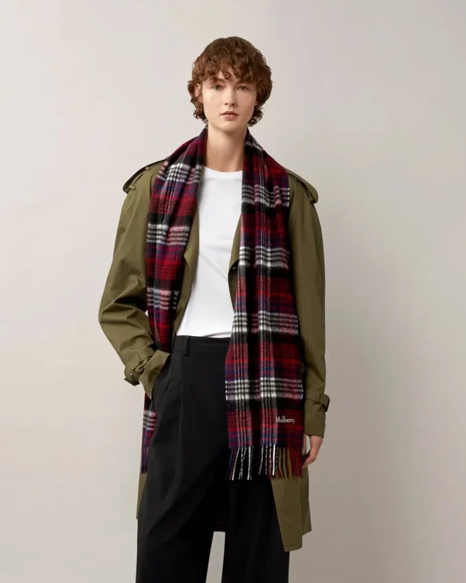 Mulberry Heritage Check Scarf Navy & Lancaster Red Merino Wool