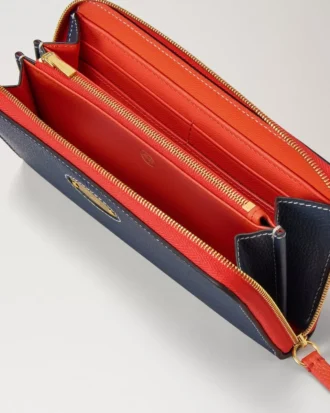 Mulberry Plaque 8 Credit Card Zip Purse Night Sky & Coral Orange Small Classic Grain