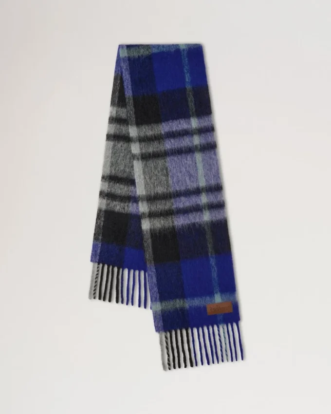 Oversized Check Textured Scarf Cobalt Blue & Black Wool Blend