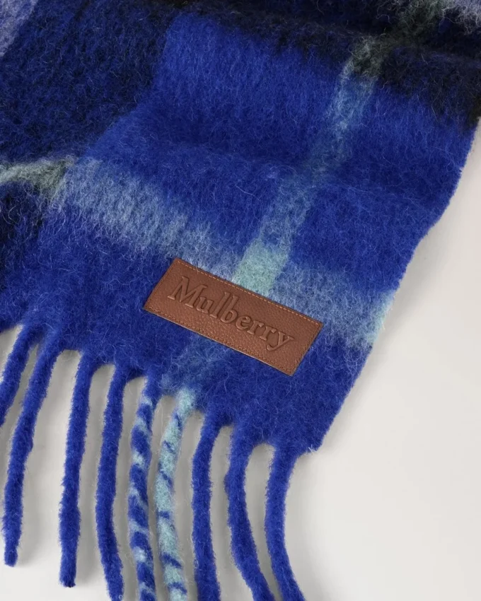 Oversized Check Textured Scarf Cobalt Blue & Black Wool Blend