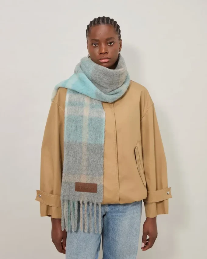 Oversized Check Textured Scarf Grey & Light Blue Wool Blend Oversized Check Textured Scarf Grey & Light Blue Wool Blend