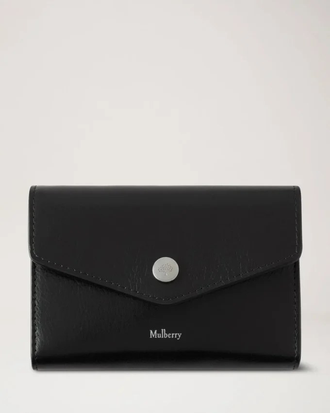 Press Stud Wallet Black High Shine Leather Gifts for Her