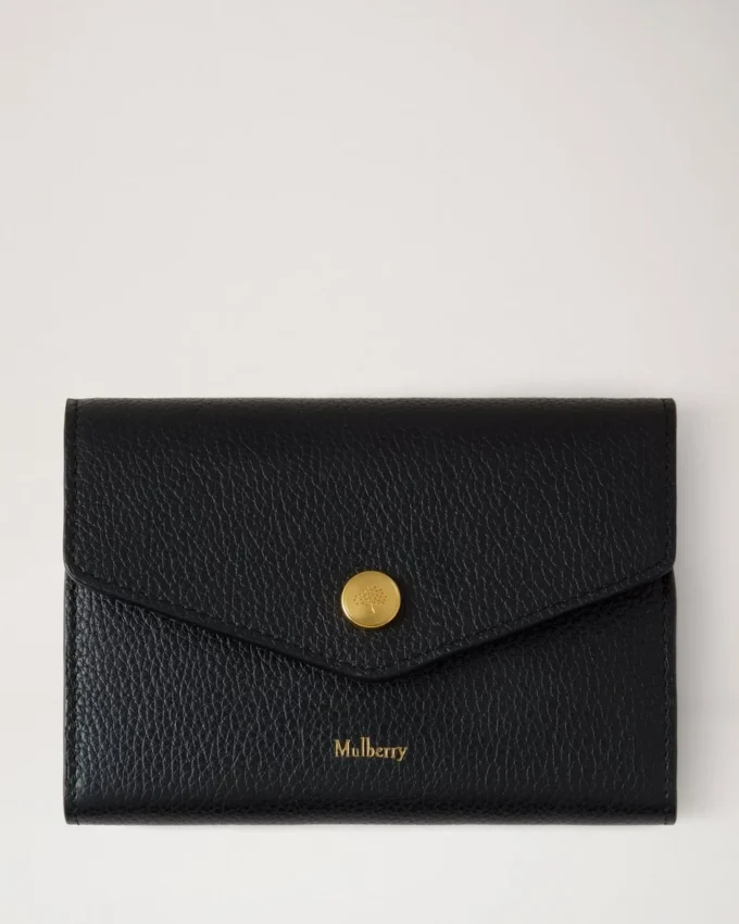 Press Stud Wallet Black Small Classic Grain Women