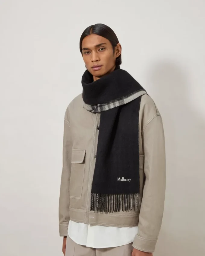 Reversible Cashmere Check Scarf Black & Eggshell Cashmere
