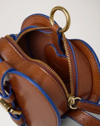 Roxanne Mini Heart Bag Oak & Pigment Blue Smooth Glossy Leather
