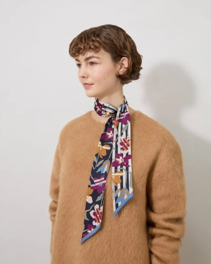 Skinny Scarf – Graphic Floral Night Sky & Orchid Bloom Recycled Polyester