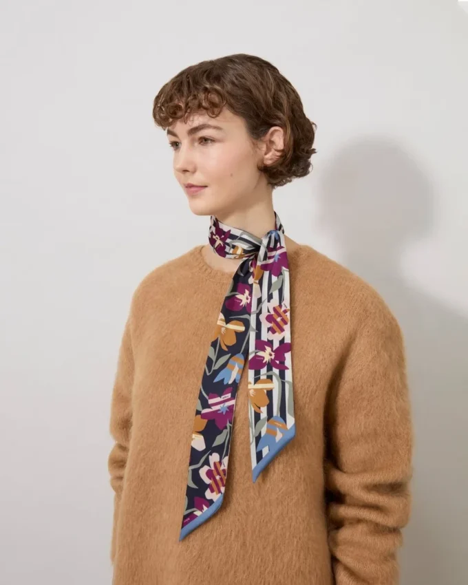 Skinny Scarf – Graphic Floral Night Sky & Orchid Bloom Recycled Polyester