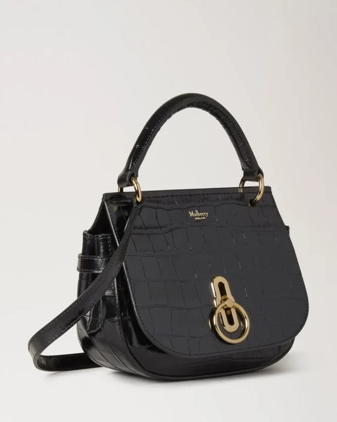 Small Amberley Satchel Top Handle Black Shiny Small Croc