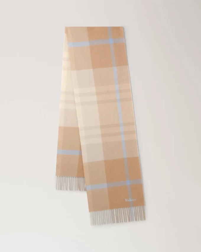 Small Check Merino Wool Scarf Camel & Poplin Blue Merino Wool