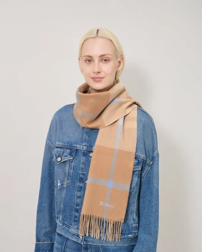 Small Check Merino Wool Scarf Camel & Poplin Blue Merino Wool